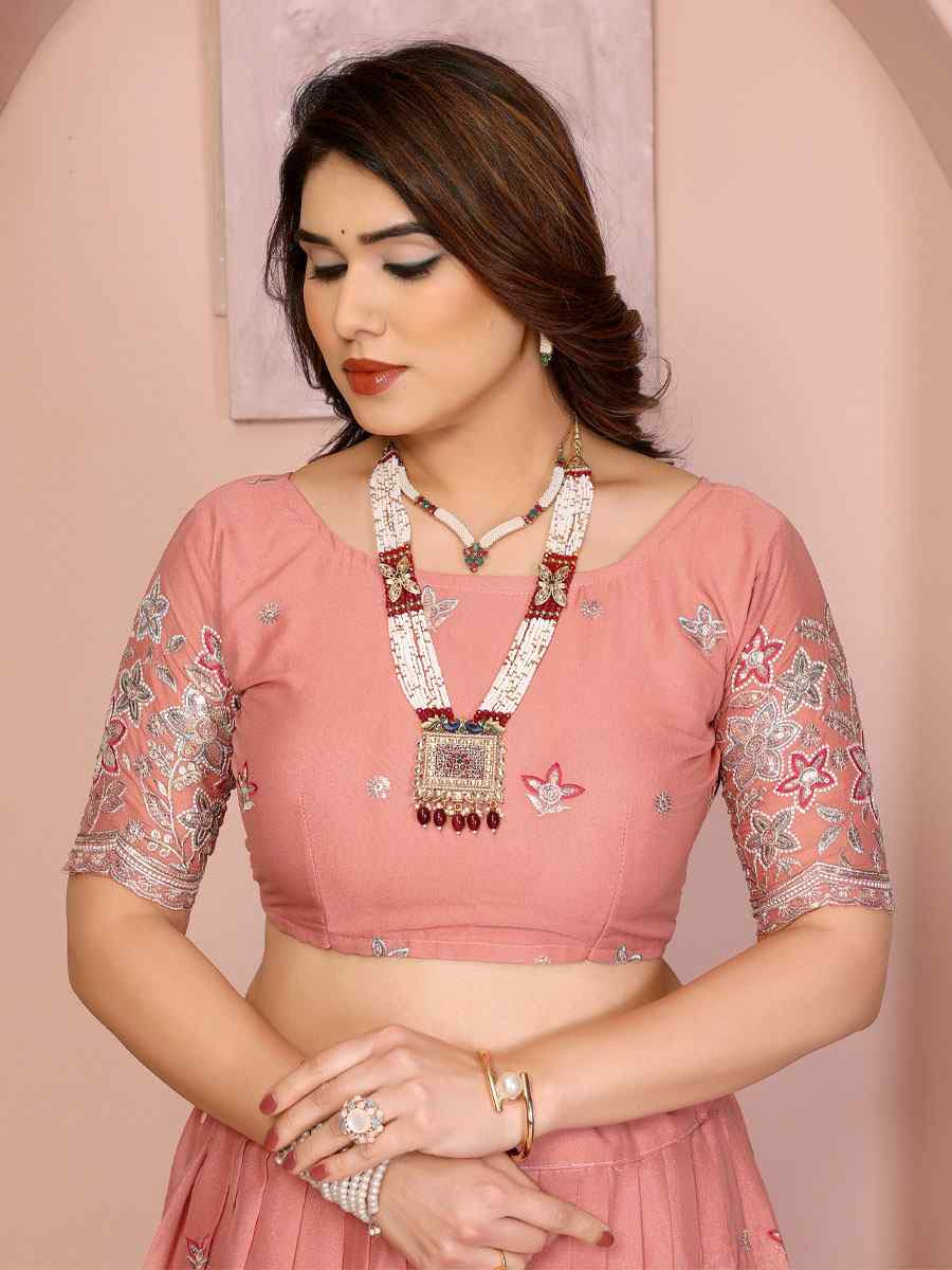 Peach Star Georgette Embroidered Festival Wedding Party Reception Heavy Border Lehenga Choli