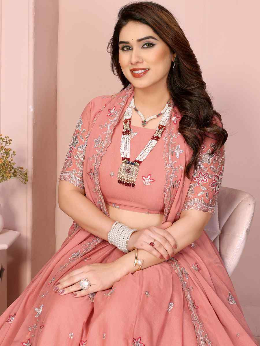 Peach Star Georgette Embroidered Festival Wedding Party Reception Heavy Border Lehenga Choli