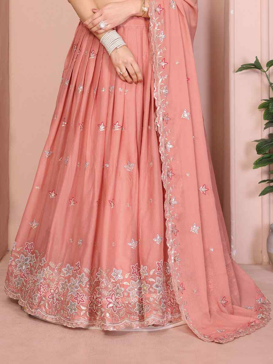 Peach Star Georgette Embroidered Festival Wedding Party Reception Heavy Border Lehenga Choli