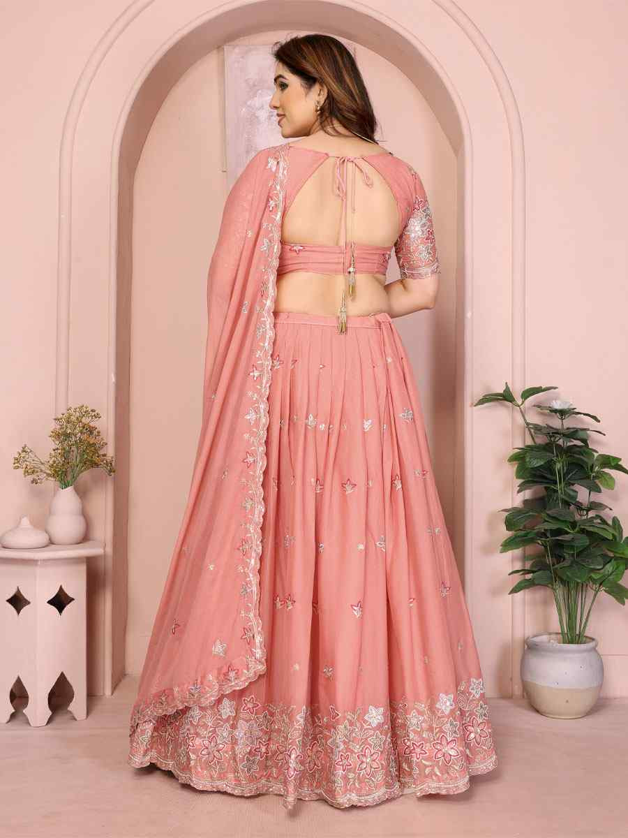 Peach Star Georgette Embroidered Festival Wedding Party Reception Heavy Border Lehenga Choli