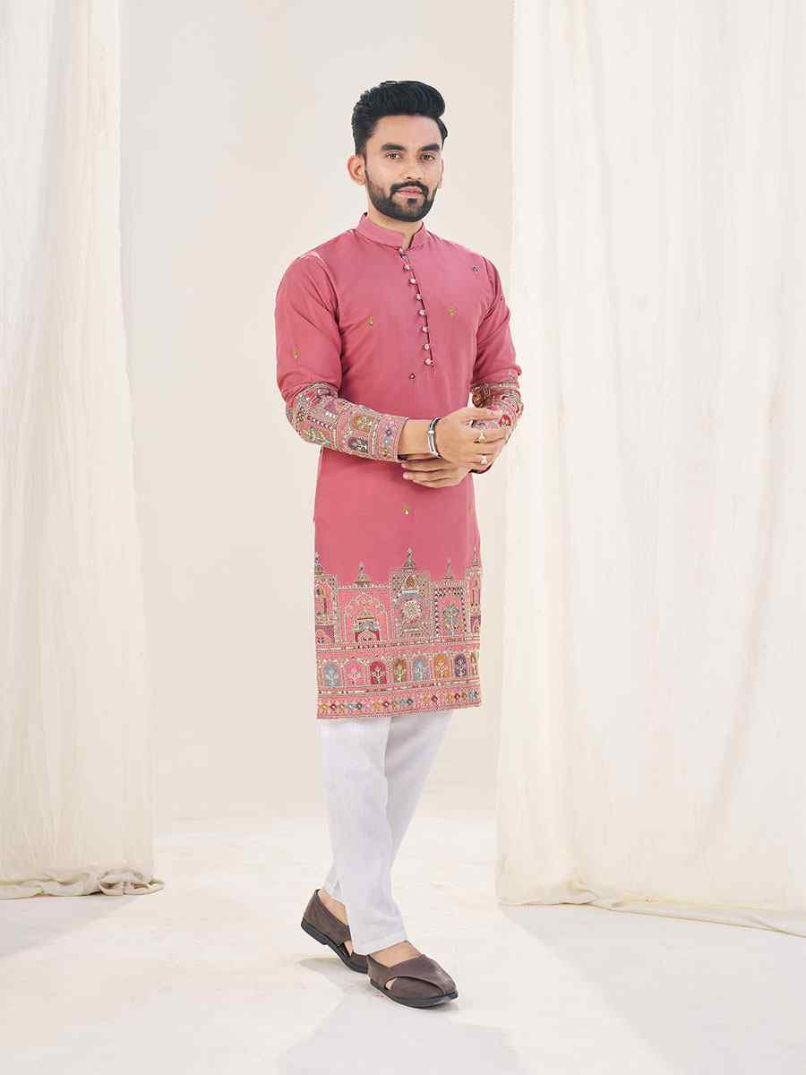 Peach Star Georgette Embroidery Festival Wedding Party Kurta