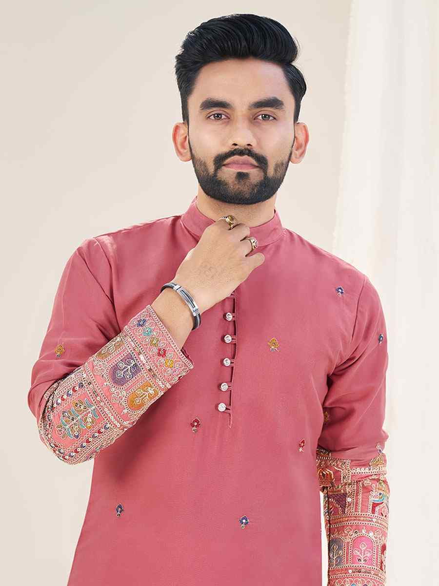 Peach Star Georgette Embroidery Festival Wedding Party Kurta