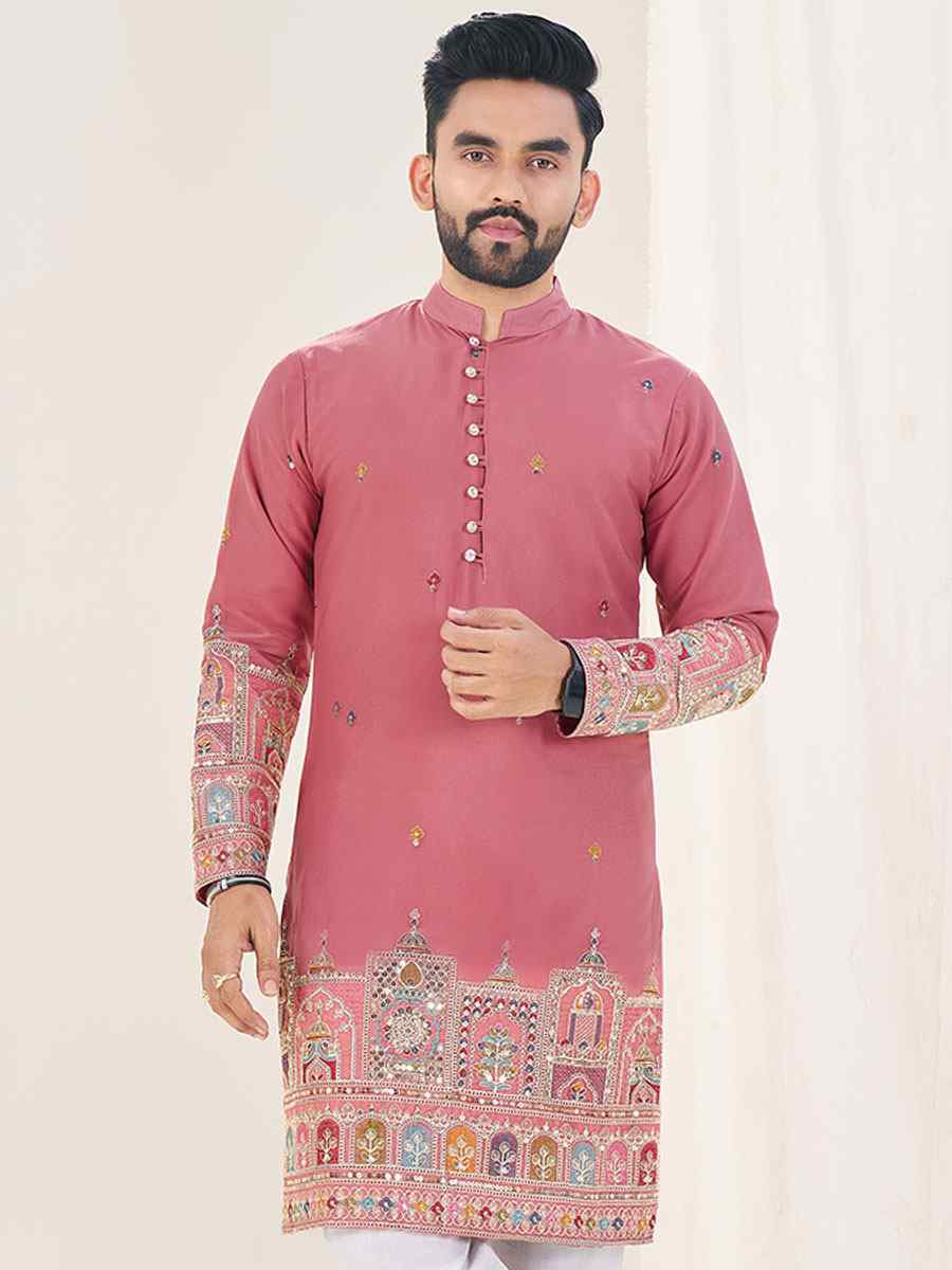 Peach Star Georgette Embroidery Festival Wedding Party Kurta