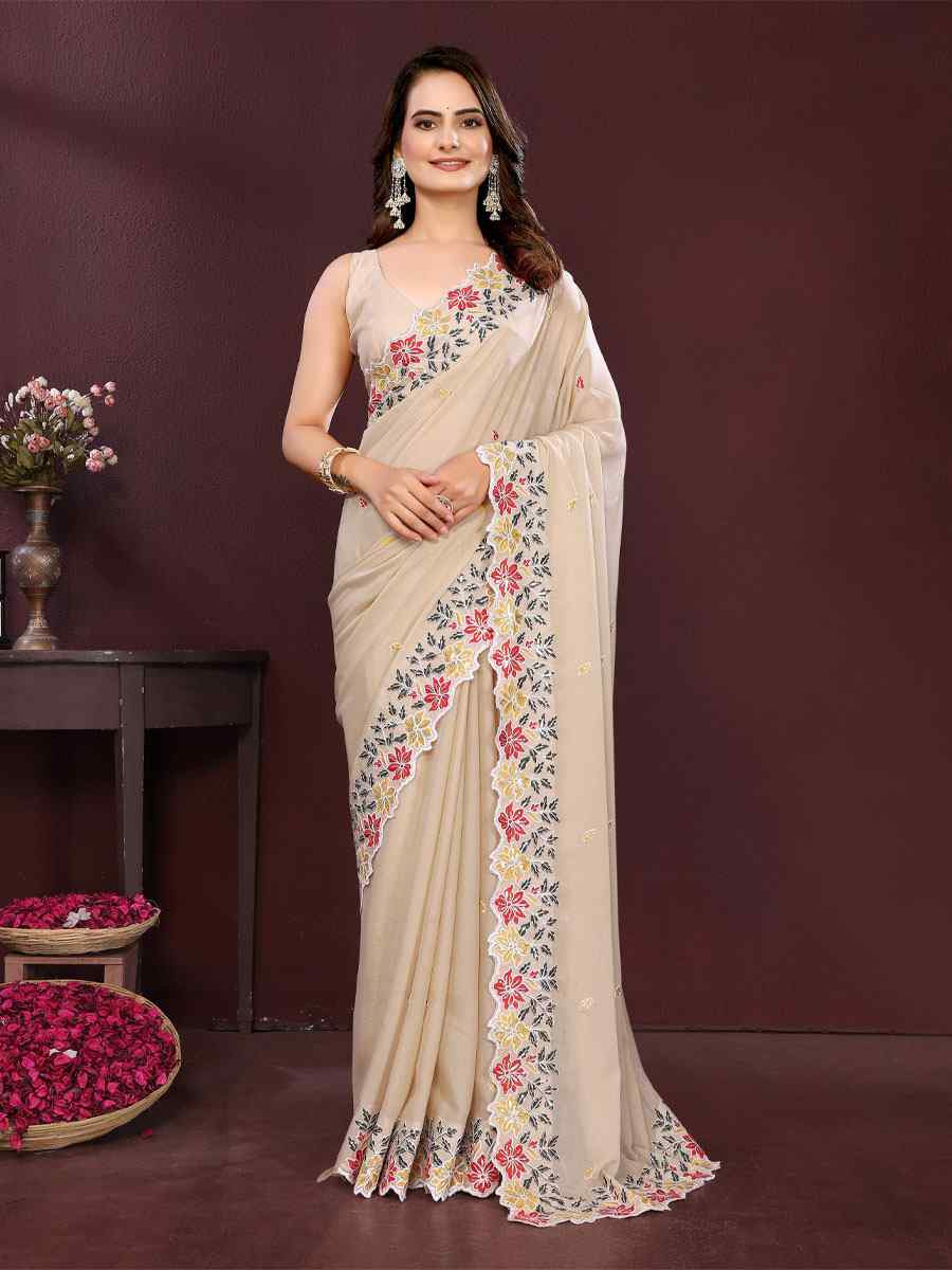 Peach Star Georgette Embroidery Party Bridal Reception Festival Wedding Fancy Heavy Border Saree