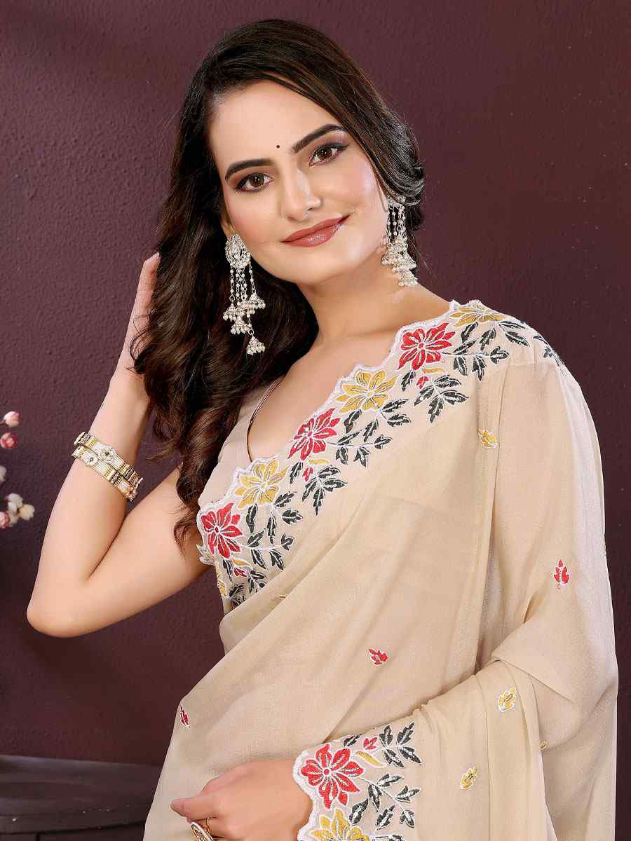 Peach Star Georgette Embroidery Party Bridal Reception Festival Wedding Fancy Heavy Border Saree