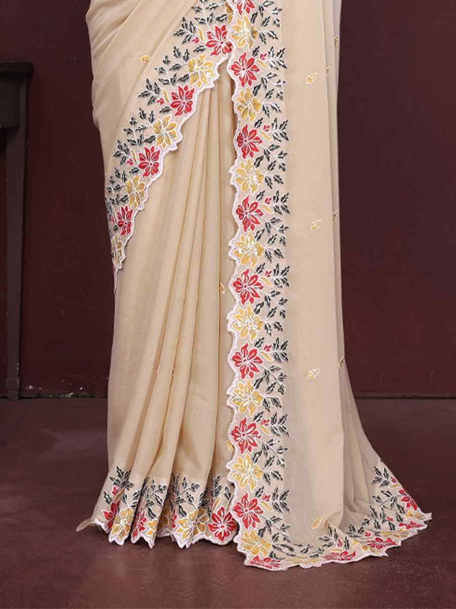 Peach Star Georgette Embroidery Party Bridal Reception Festival Wedding Fancy Heavy Border Saree
