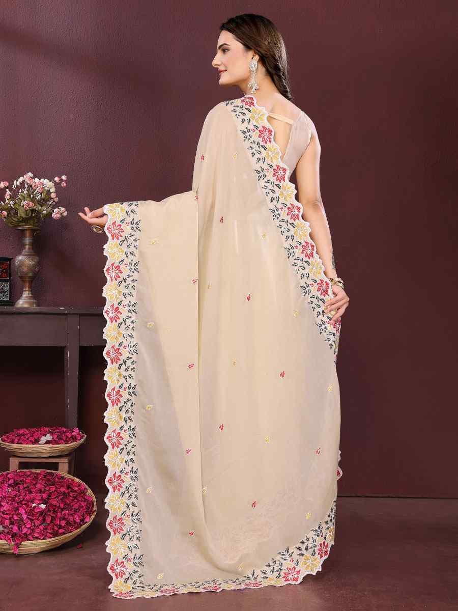 Peach Star Georgette Embroidery Party Bridal Reception Festival Wedding Fancy Heavy Border Saree
