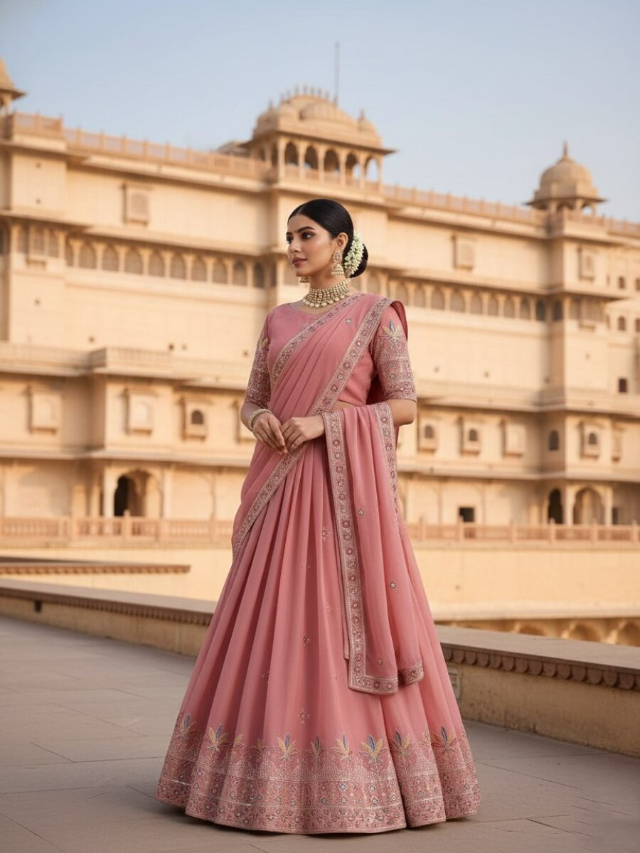 Peach Star Georgette Embroidery Wedding Party Festival Heavy Border Lehenga Choli