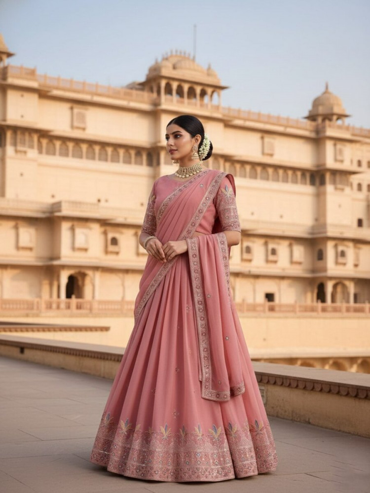 Image of Peach Star Georgette Embroidery Wedding Party Festival Heavy Border Lehenga Choli