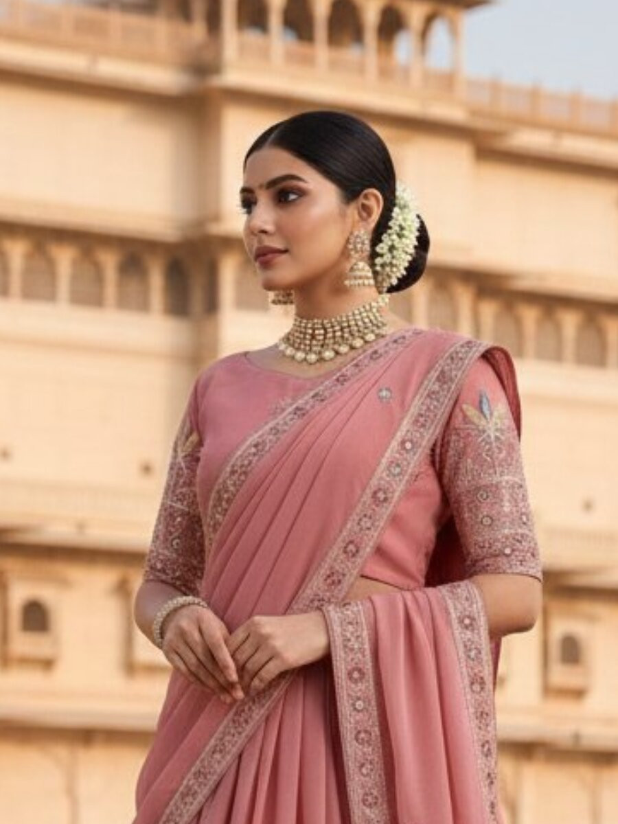 Peach Star Georgette Embroidery Wedding Party Festival Heavy Border Lehenga Choli