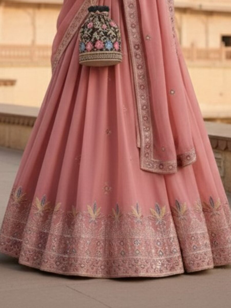 Peach Star Georgette Embroidery Wedding Party Festival Heavy Border Lehenga Choli