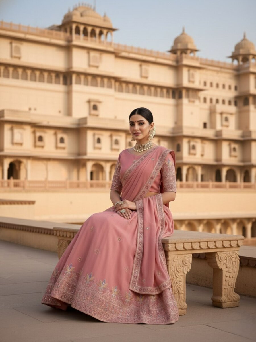 Peach Star Georgette Embroidery Wedding Party Festival Heavy Border Lehenga Choli