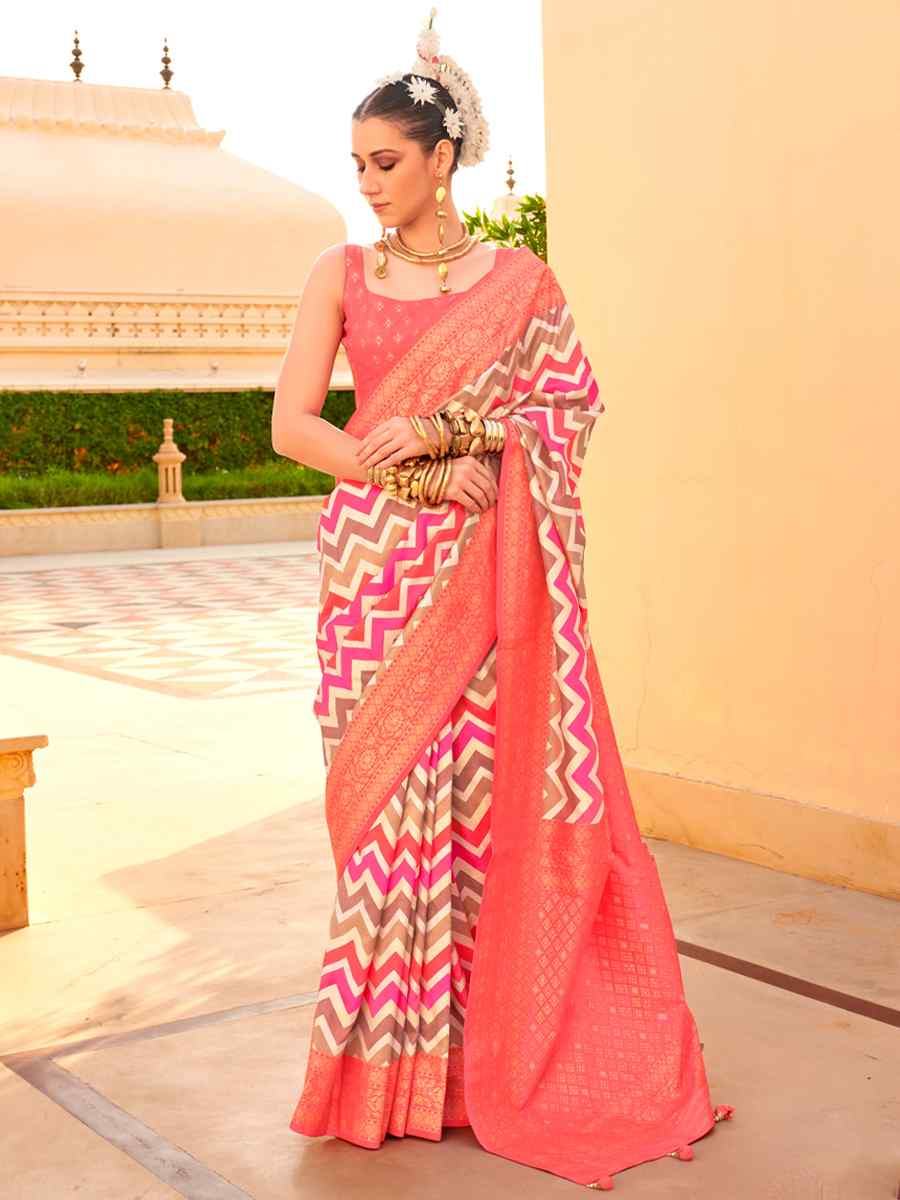 Peach Super Silk Handwoven Festival Casual Heavy Border Saree