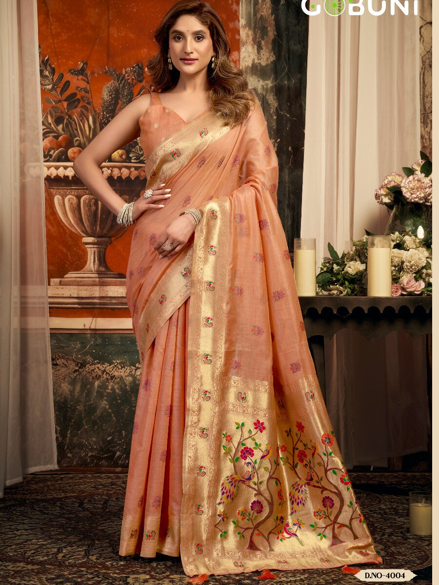 Peach Superkota Paithani Zari Wedding Reception Party Festival Fancy Heavy Border Sarees