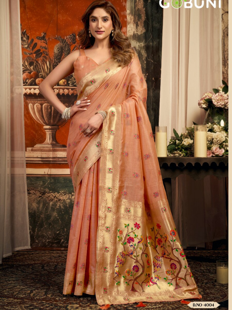 Image of Peach Superkota Paithani Zari Wedding Reception Party Festival Fancy Heavy Border Sarees