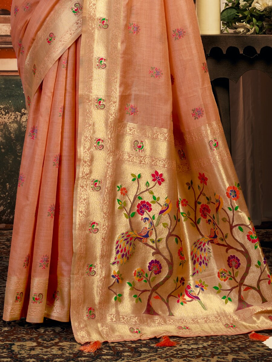Peach Superkota Paithani Zari Wedding Reception Party Festival Fancy Heavy Border Sarees