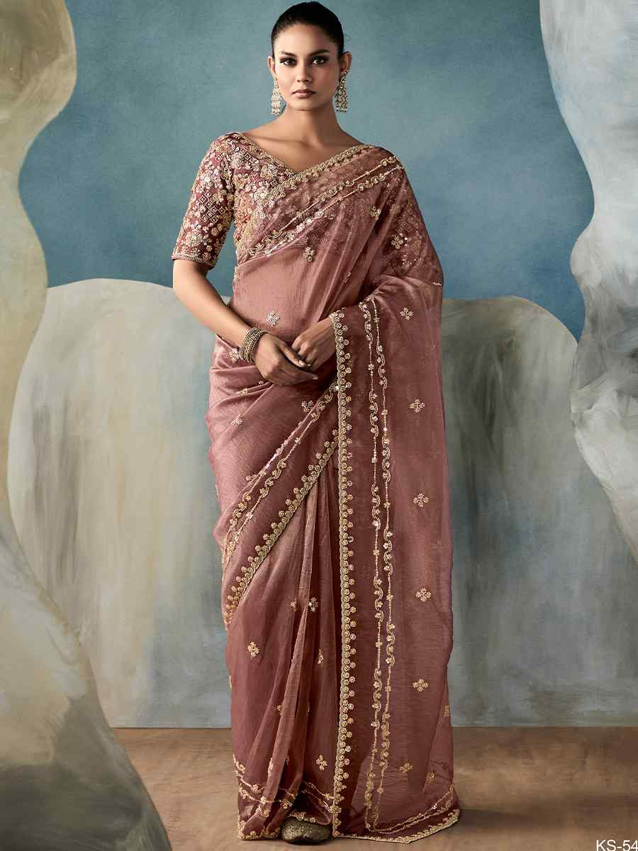 Peach Tissue Embroidered Festival Wedding Fancy Heavy Border Saree