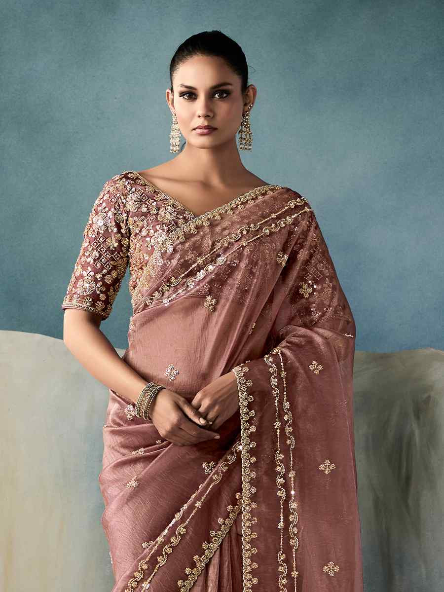 Peach Tissue Embroidered Festival Wedding Fancy Heavy Border Saree