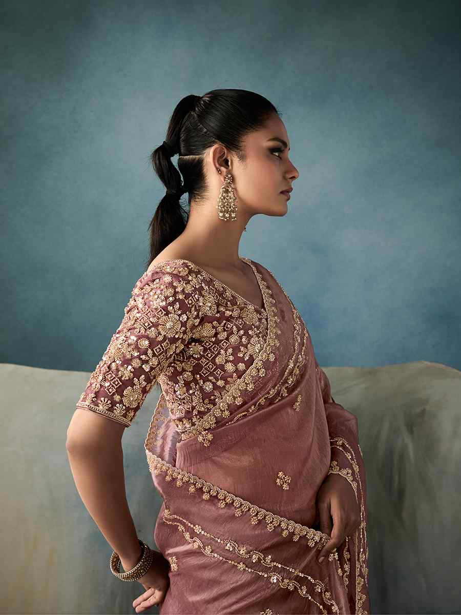 Peach Tissue Embroidered Festival Wedding Fancy Heavy Border Saree