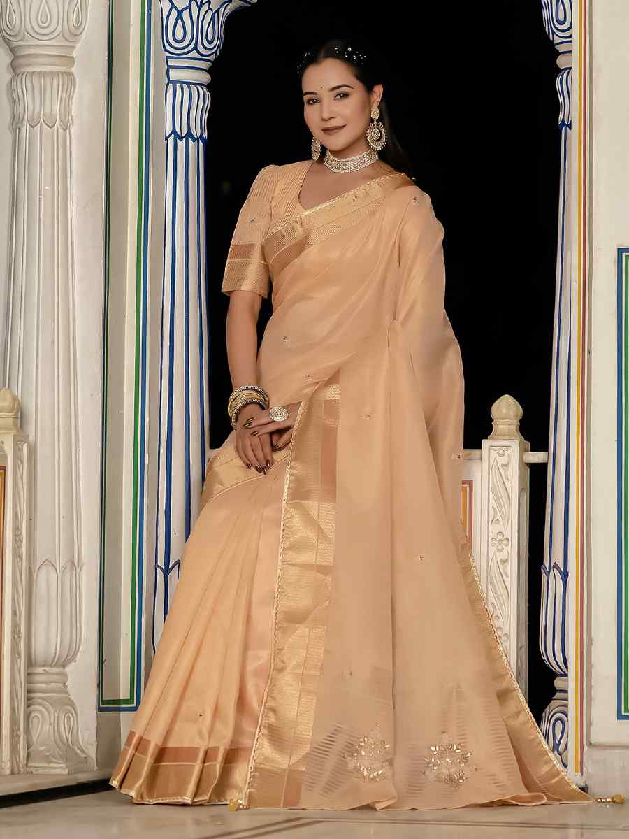 Peach Tissue Linen Handwoven Festival Wedding Fancy Heavy Border Saree