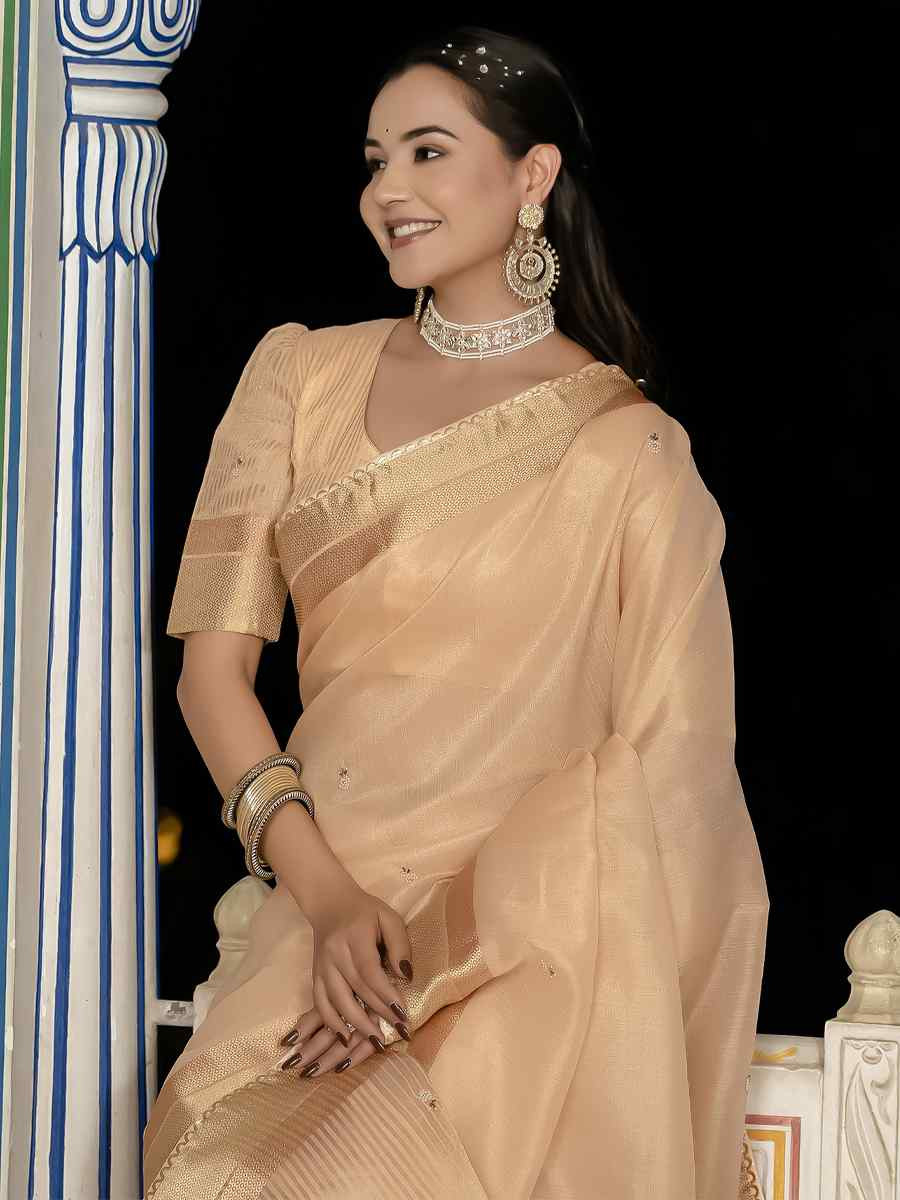 Peach Tissue Linen Handwoven Festival Wedding Fancy Heavy Border Saree