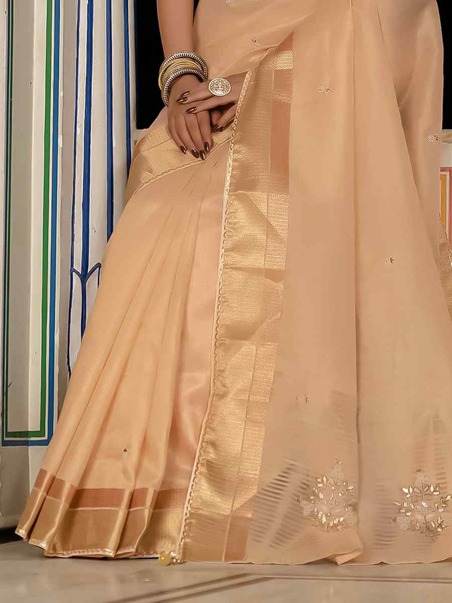 Peach Tissue Linen Handwoven Festival Wedding Fancy Heavy Border Saree