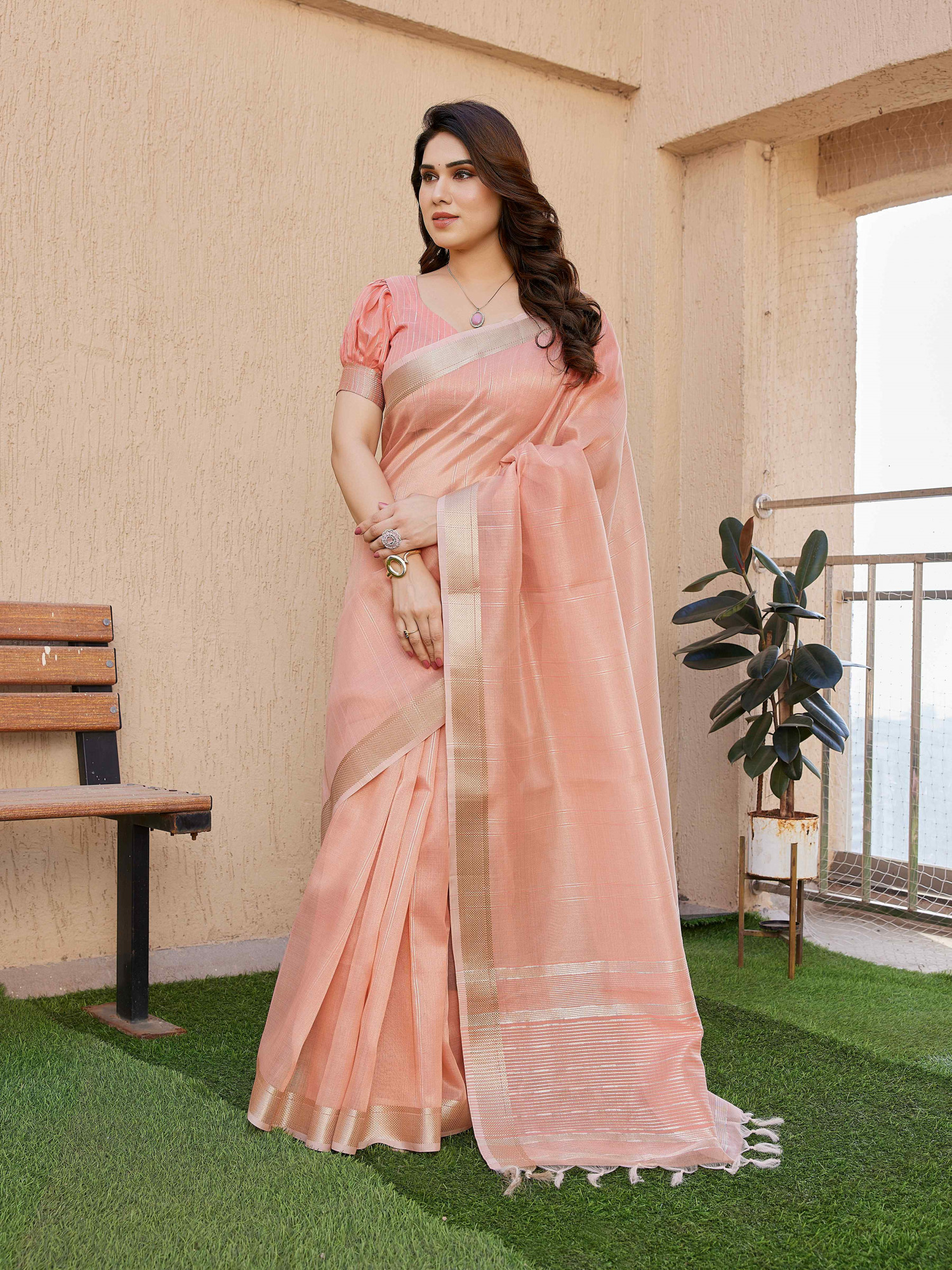 Peach Tissue Linen Silk Zari Handwoven Casual Reception Festival Wedding Fancy Classic Style Sarees