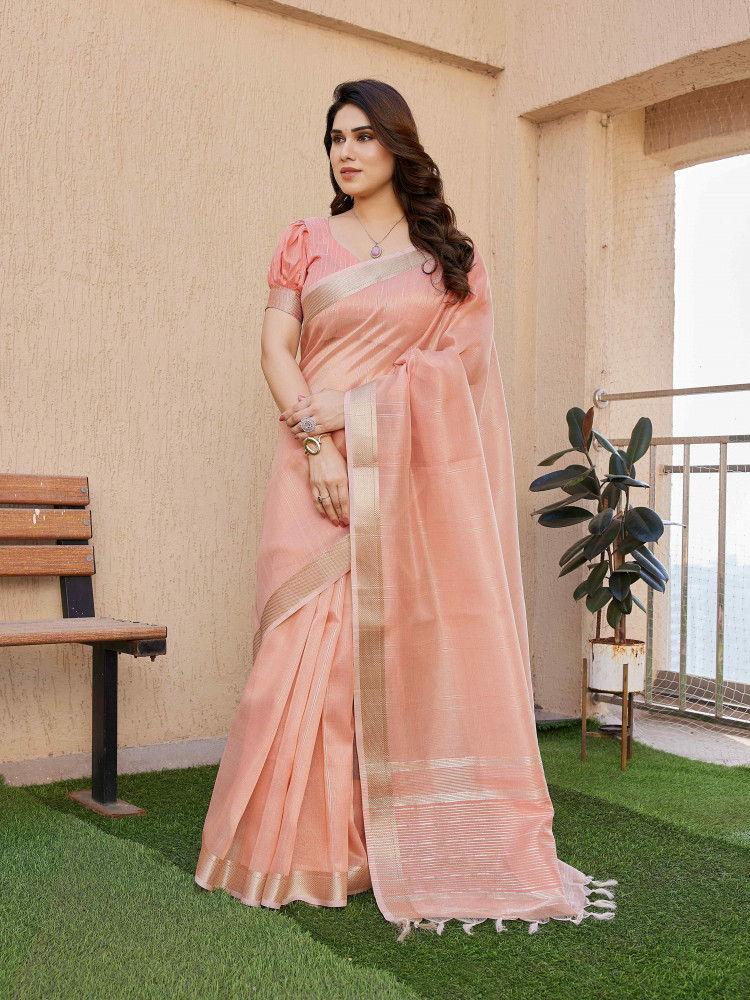 Image of Peach Tissue Linen Silk Zari Handwoven Casual Reception Festival Wedding Fancy Classic Style Sarees