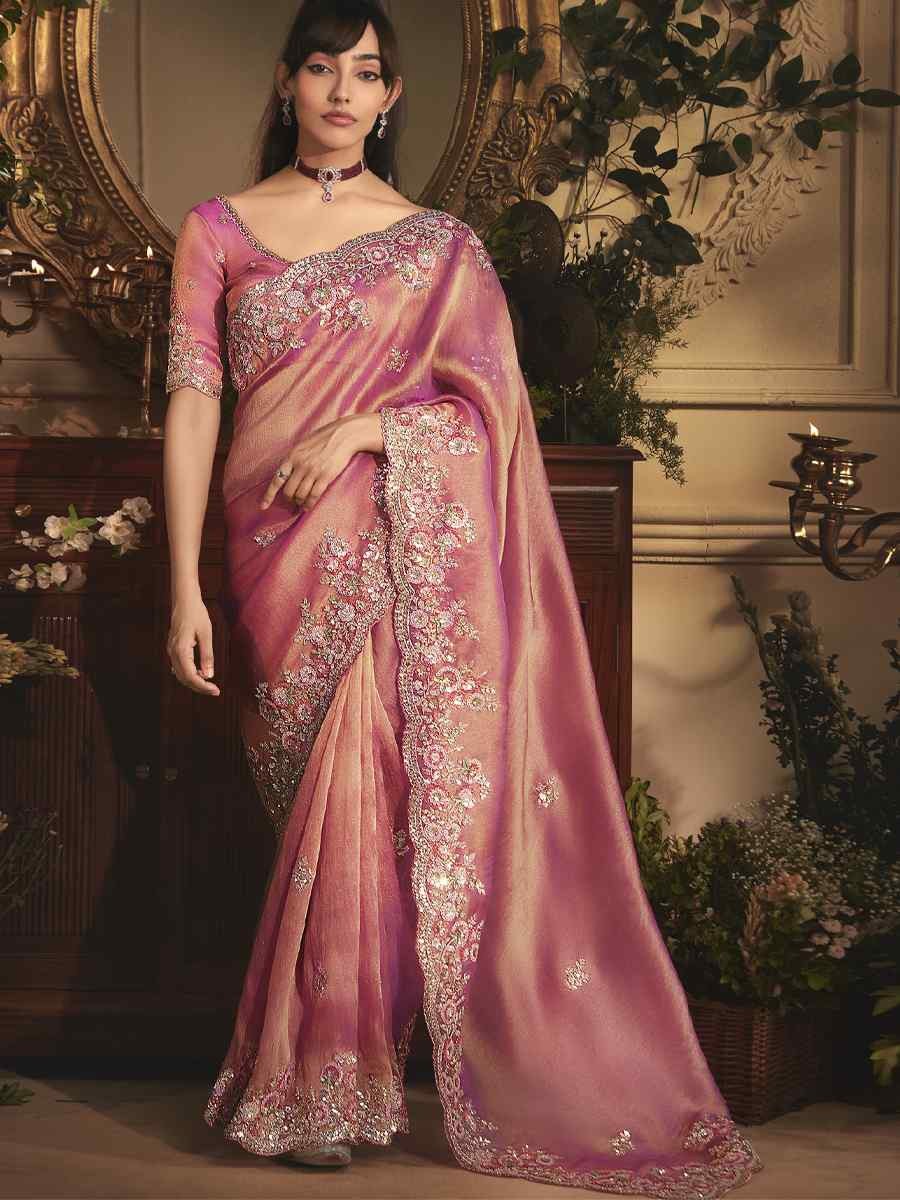 Peach Tissue Organza Embroidery Traditional Bridal Reception Festival Wedding Fancy Heavy Border Saree