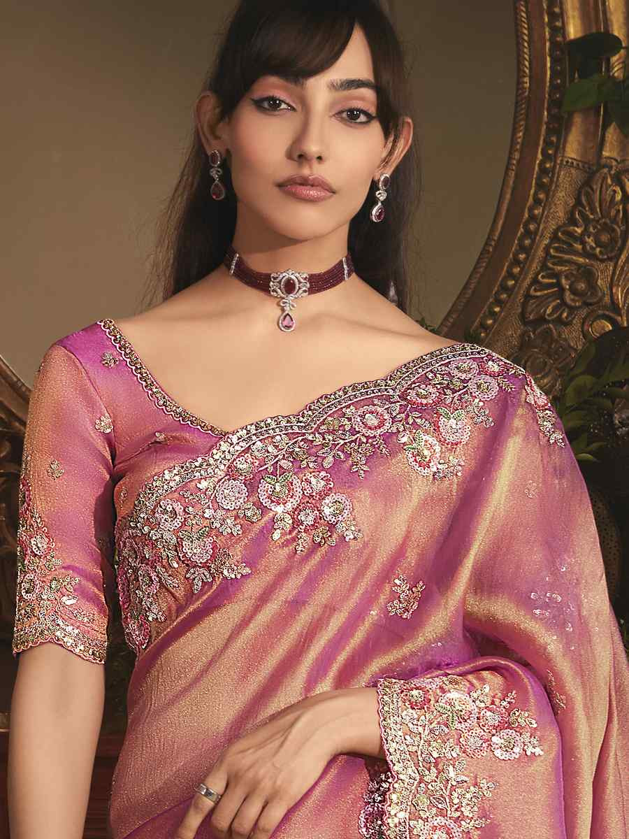 Peach Tissue Organza Embroidery Traditional Bridal Reception Festival Wedding Fancy Heavy Border Saree