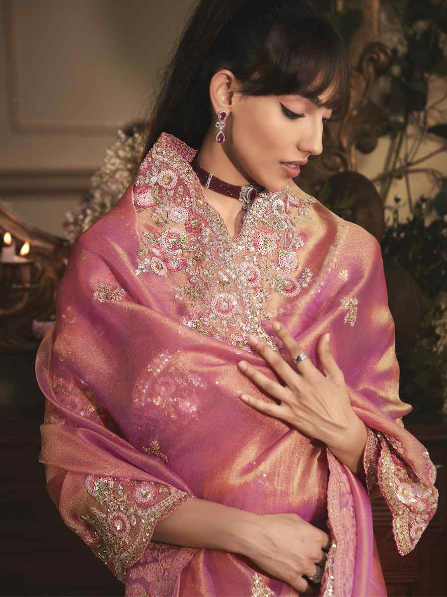 Peach Tissue Organza Embroidery Traditional Bridal Reception Festival Wedding Fancy Heavy Border Saree