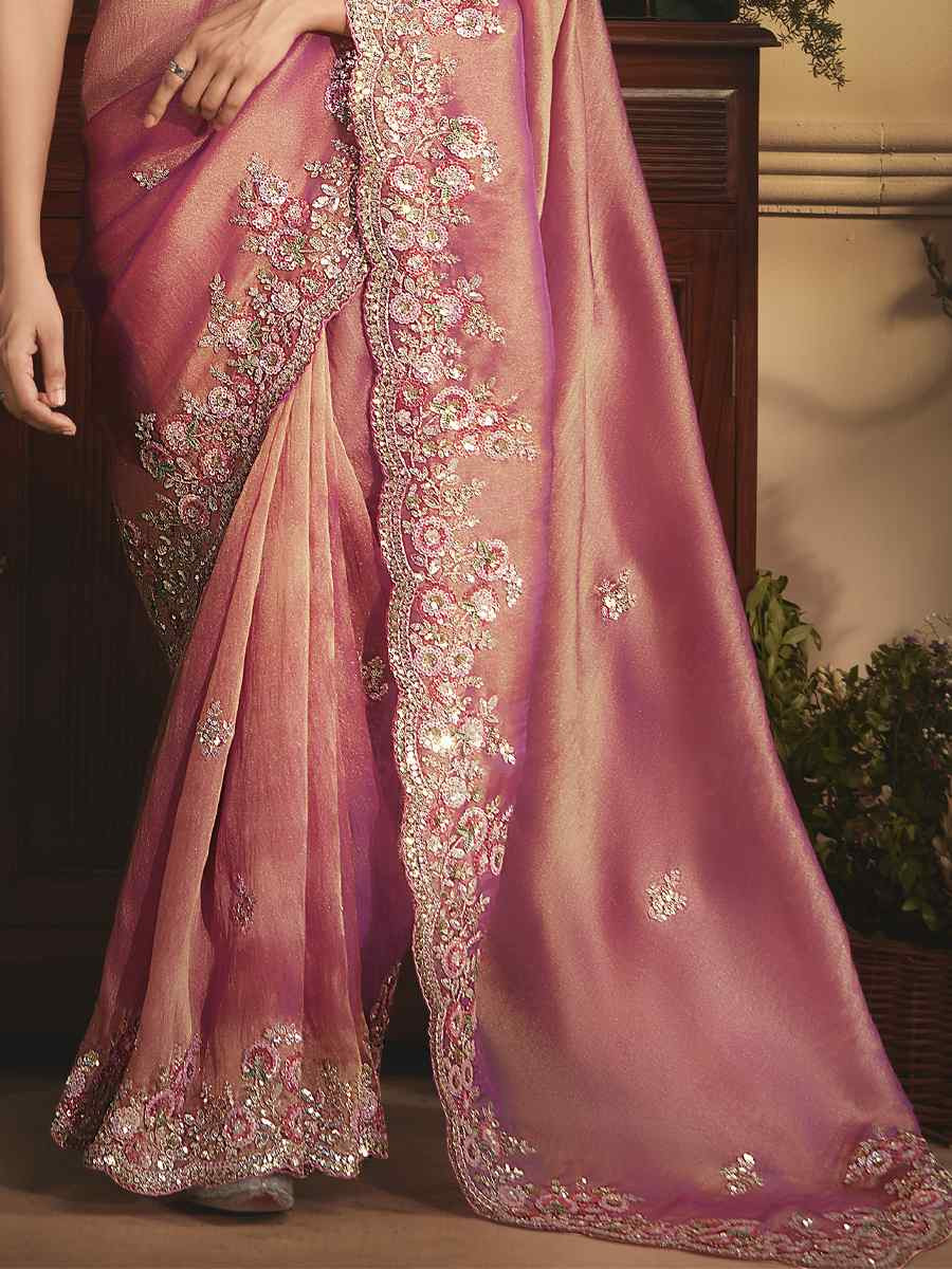 Peach Tissue Organza Embroidery Traditional Bridal Reception Festival Wedding Fancy Heavy Border Saree