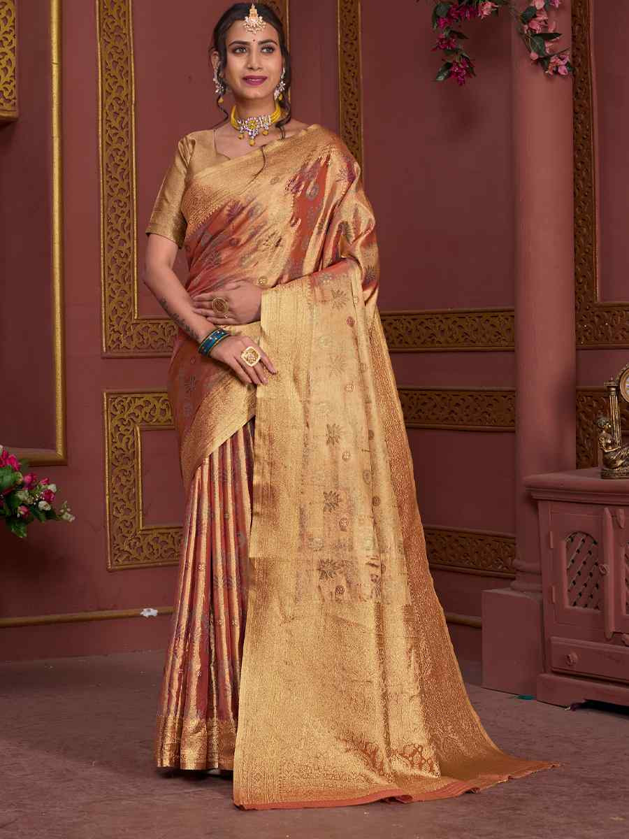 Peach Tissue Silk Handwoven Festival Wedding Fancy Heavy Border Saree