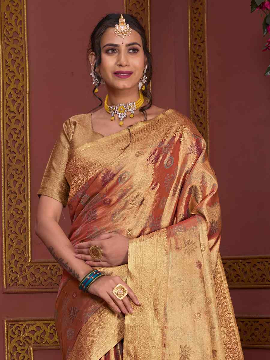 Peach Tissue Silk Handwoven Festival Wedding Fancy Heavy Border Saree