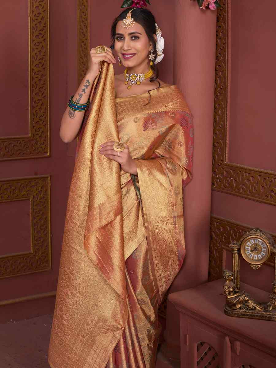 Peach Tissue Silk Handwoven Festival Wedding Fancy Heavy Border Saree
