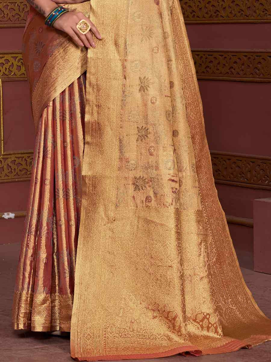 Peach Tissue Silk Handwoven Festival Wedding Fancy Heavy Border Saree