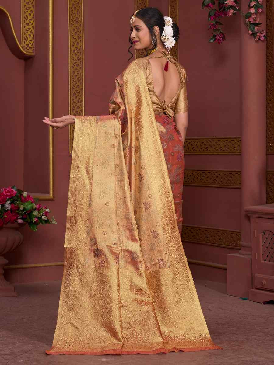 Peach Tissue Silk Handwoven Festival Wedding Fancy Heavy Border Saree