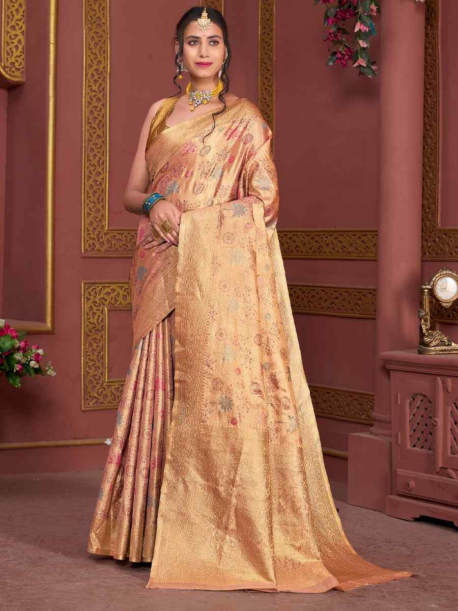 Peach Tissue Silk Handwoven Festival Wedding Fancy Heavy Border Saree