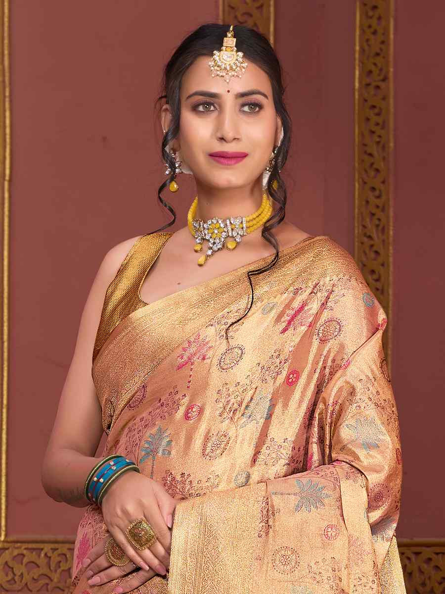 Peach Tissue Silk Handwoven Festival Wedding Fancy Heavy Border Saree