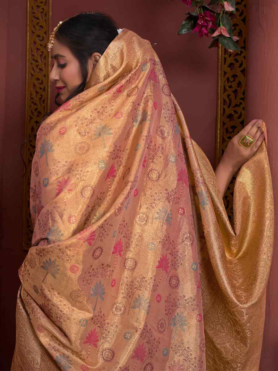 Peach Tissue Silk Handwoven Festival Wedding Fancy Heavy Border Saree