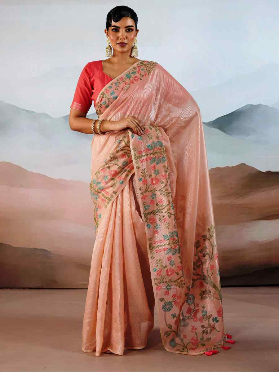 Peach Tissue Silk Handwoven Traditional Casual Reception Festival Wedding Fancy Heavy Border Saree