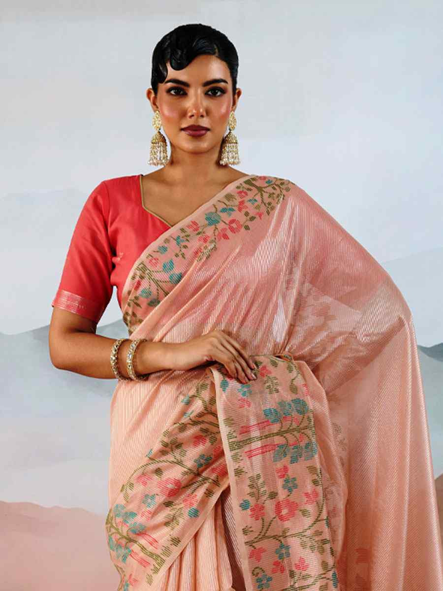 Peach Tissue Silk Handwoven Traditional Casual Reception Festival Wedding Fancy Heavy Border Saree