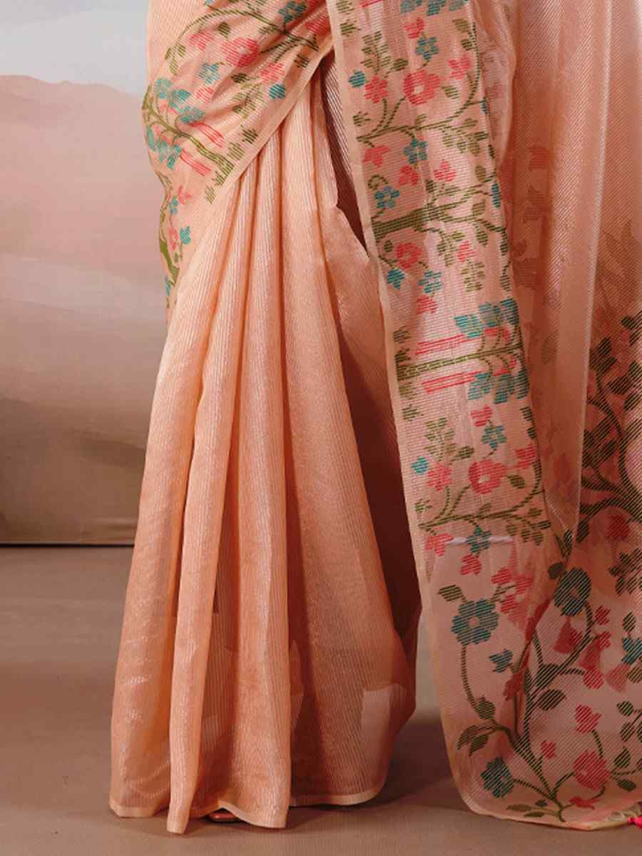 Peach Tissue Silk Handwoven Traditional Casual Reception Festival Wedding Fancy Heavy Border Saree