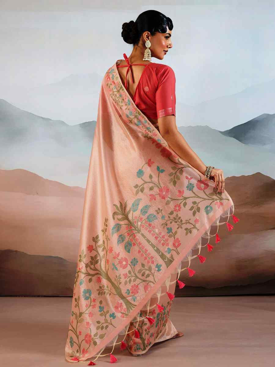 Peach Tissue Silk Handwoven Traditional Casual Reception Festival Wedding Fancy Heavy Border Saree