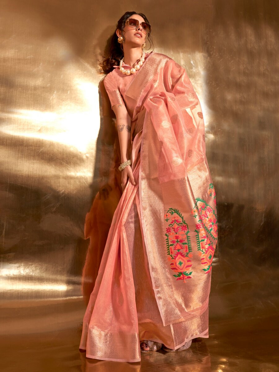 Peach Tissue Silk Zari Weaving Work Wedding Reception Party Festival Casual Heavy Border Sarees
