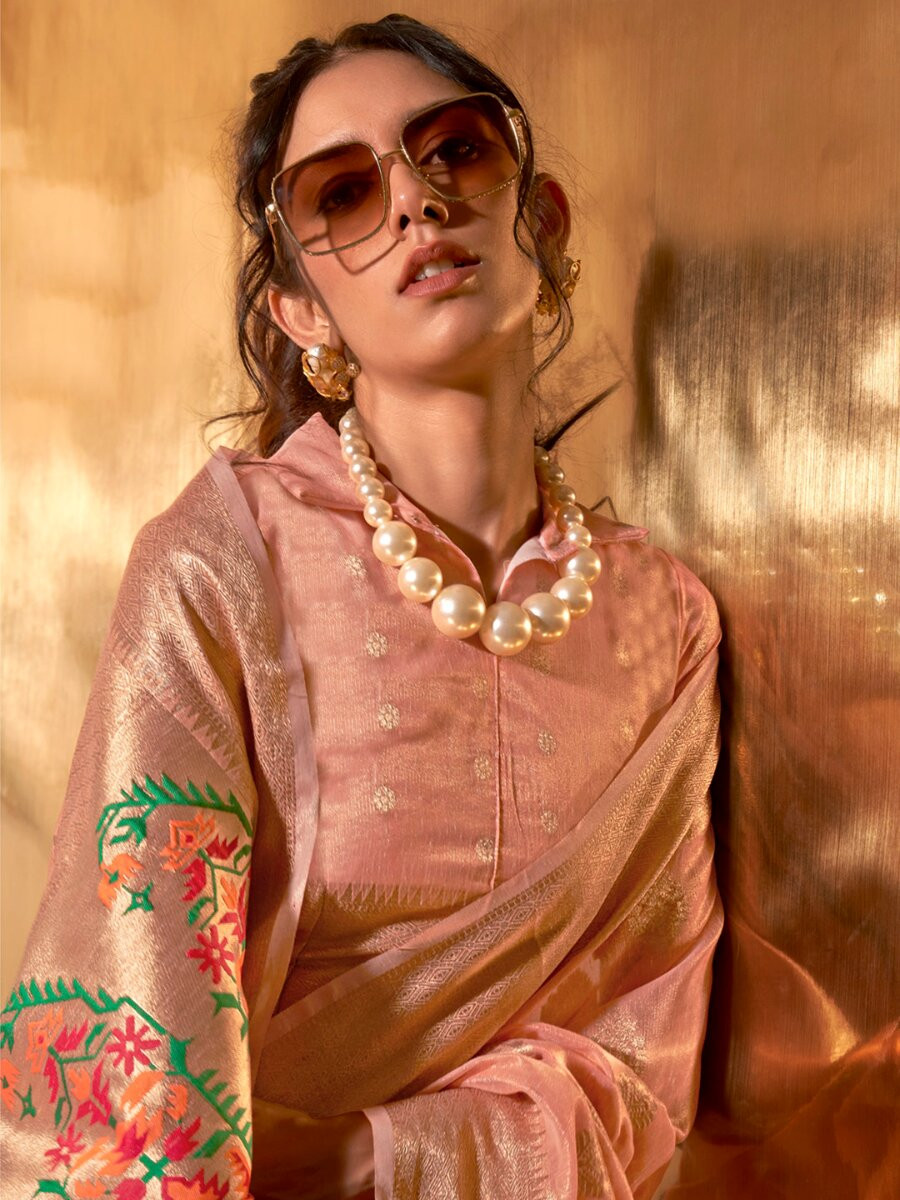 Peach Tissue Silk Zari Weaving Work Wedding Reception Party Festival Casual Heavy Border Sarees