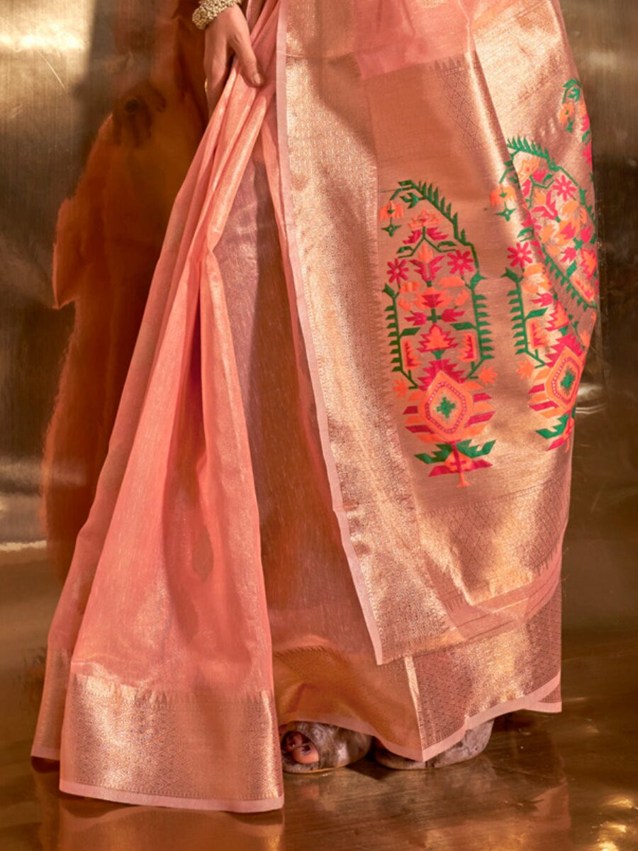 Peach Tissue Silk Zari Weaving Work Wedding Reception Party Festival Casual Heavy Border Sarees