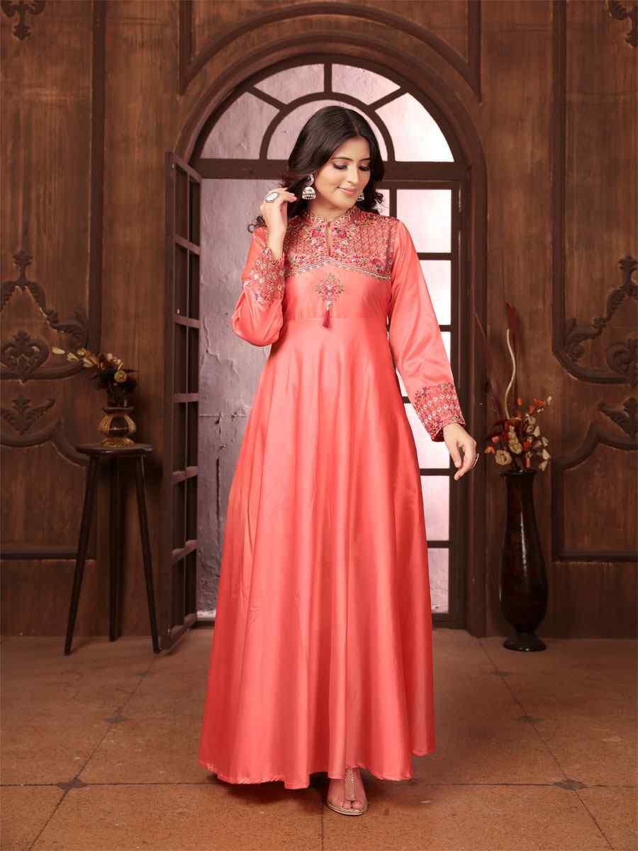 Peach Triva Silk Embroidered Festival Casual Gown Women Wear