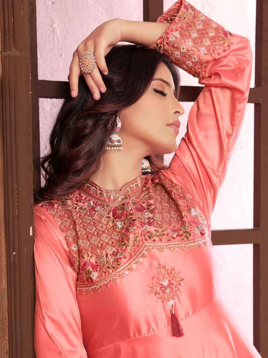 Peach Triva Silk Embroidered Festival Casual Gown Women Wear