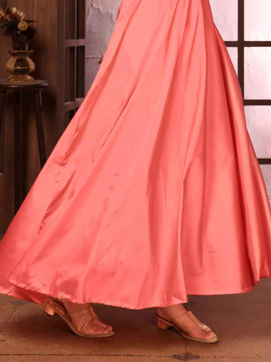 Peach Triva Silk Embroidered Festival Casual Gown Women Wear